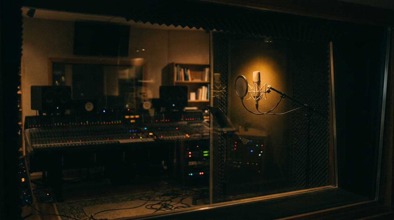 View through the window of an empty recording booth, a microphone lit by a single warm amber light, with a dim mixing desk beyond the glass