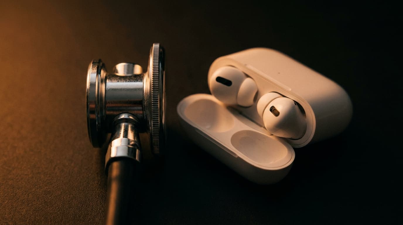 Macro close-up of a stethoscope and a pair of earbuds lying side by side on a dark surface, lit by warm amber light