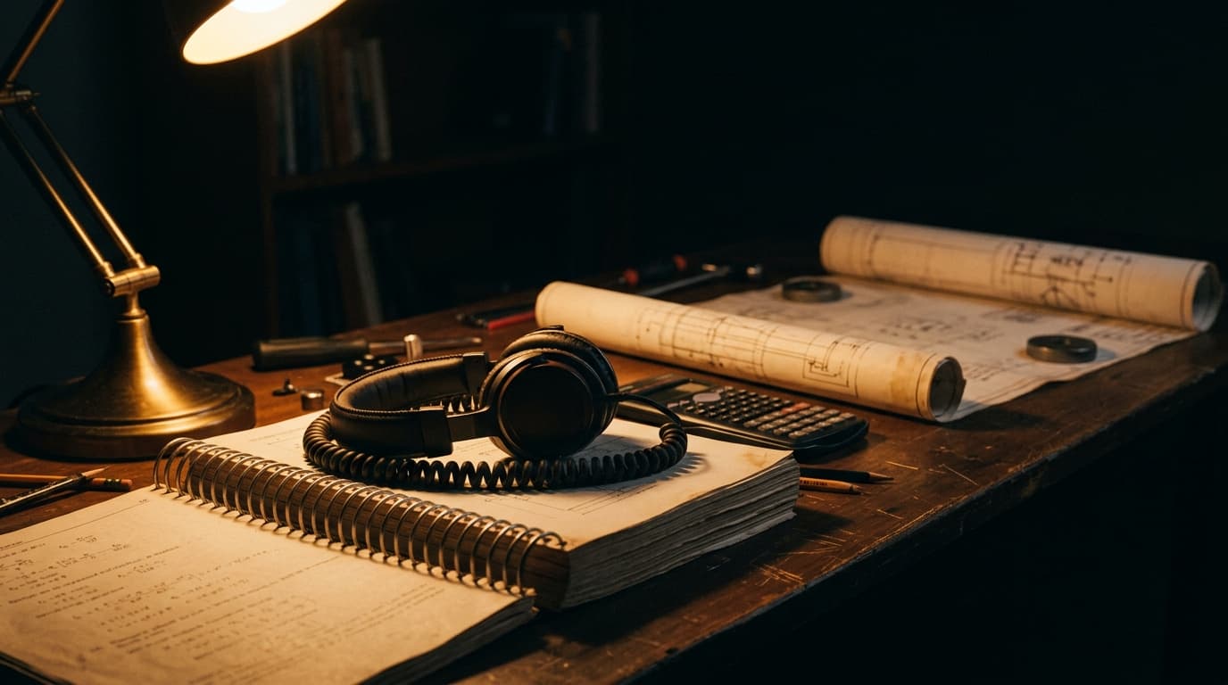 An engineer's desk at night: a thick spiral-bound textbook under coiled headphones, a calculator and rolled drawings nearby, lit by a single warm lamp