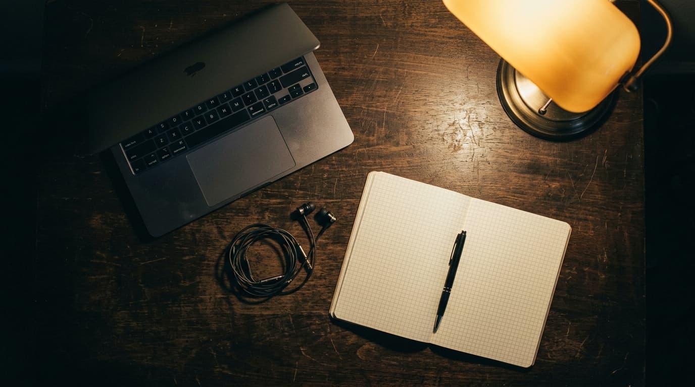 Overhead flat-lay of a half-open laptop, coiled earbuds, and a grid notebook on dark wood, lit by a warm desk lamp