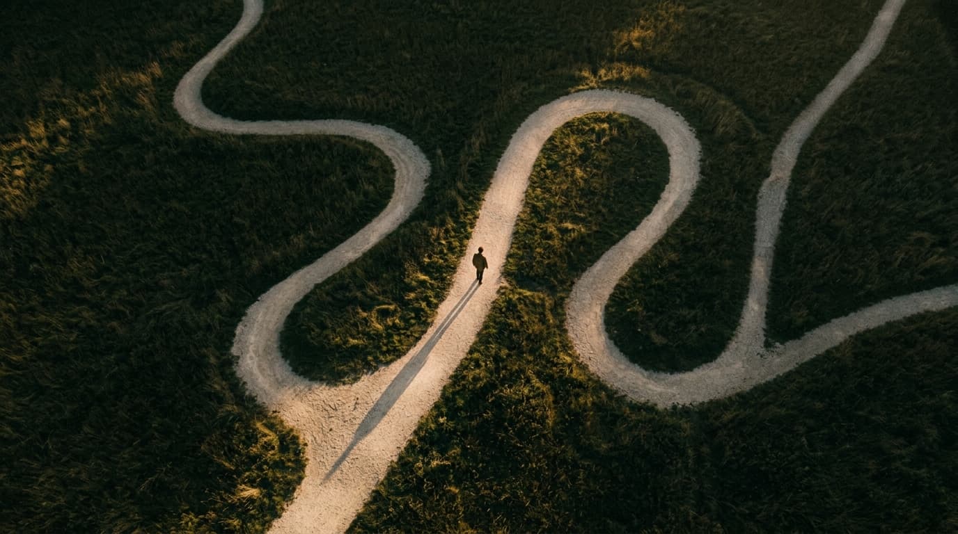 Overhead aerial view of a single person walking along a winding path at golden hour, casting a long shadow