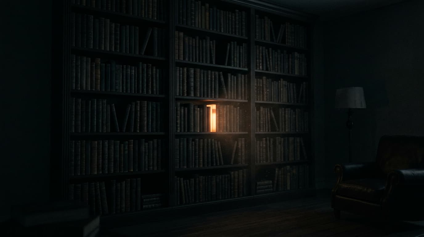 A bookshelf at night, one book spine glowing warm amber among dark volumes