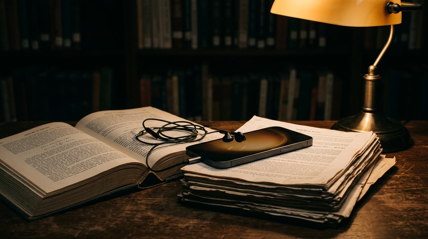 Smartphone with wired earbuds resting on a stack of printed documents beside an open textbook, lit by a warm desk lamp against a dark background